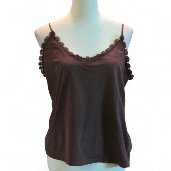 Elementz 2 pc Semi-Sheer Brown Textured Roll-tab Blouse Laced Cami Women's XL - Picture 13 of 16